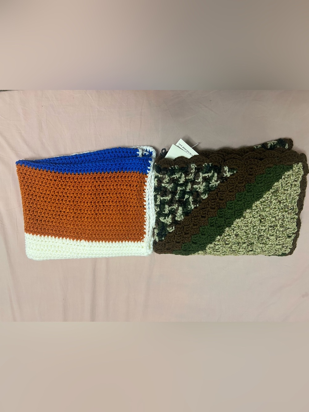 Handmade Crocheted Home Accent Throw - Blue, Orange, White, Brown, Green